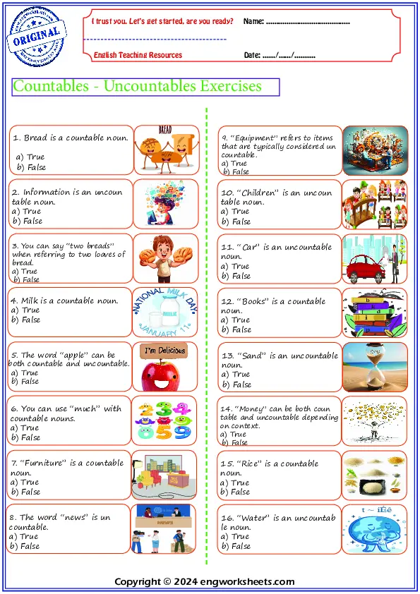 Countables - Uncountables Free Printable English ESL Worksheet Worksheet Preview